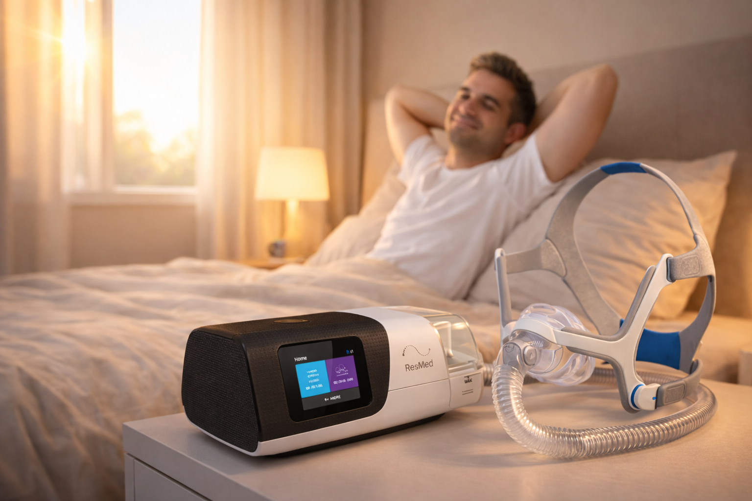 CPAP machine with mask in bedroom morning light showing sleep apnea treatment in Pattaya Thailand with patient waking up refreshed