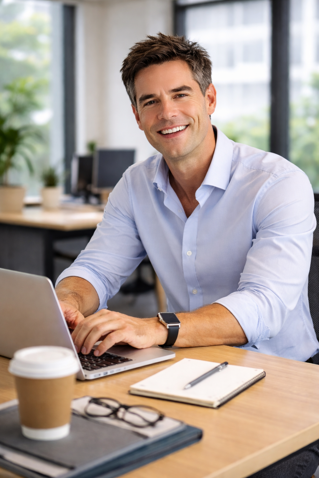 Western man working on laptop in office feeling refreshed after good sleep, representing CPAP therapy and sleep apnea treatment in Pattaya ผู้ชายกำลังทำงานหน้าโน้ตบุ๊กในออฟฟิศด้วยความสดชื่นหลังนอนหลับเต็มอิ่ม สื่อถึงการรักษาภาวะหยุดหายใจขณะหลับด้วย CPAP ในพัทยา