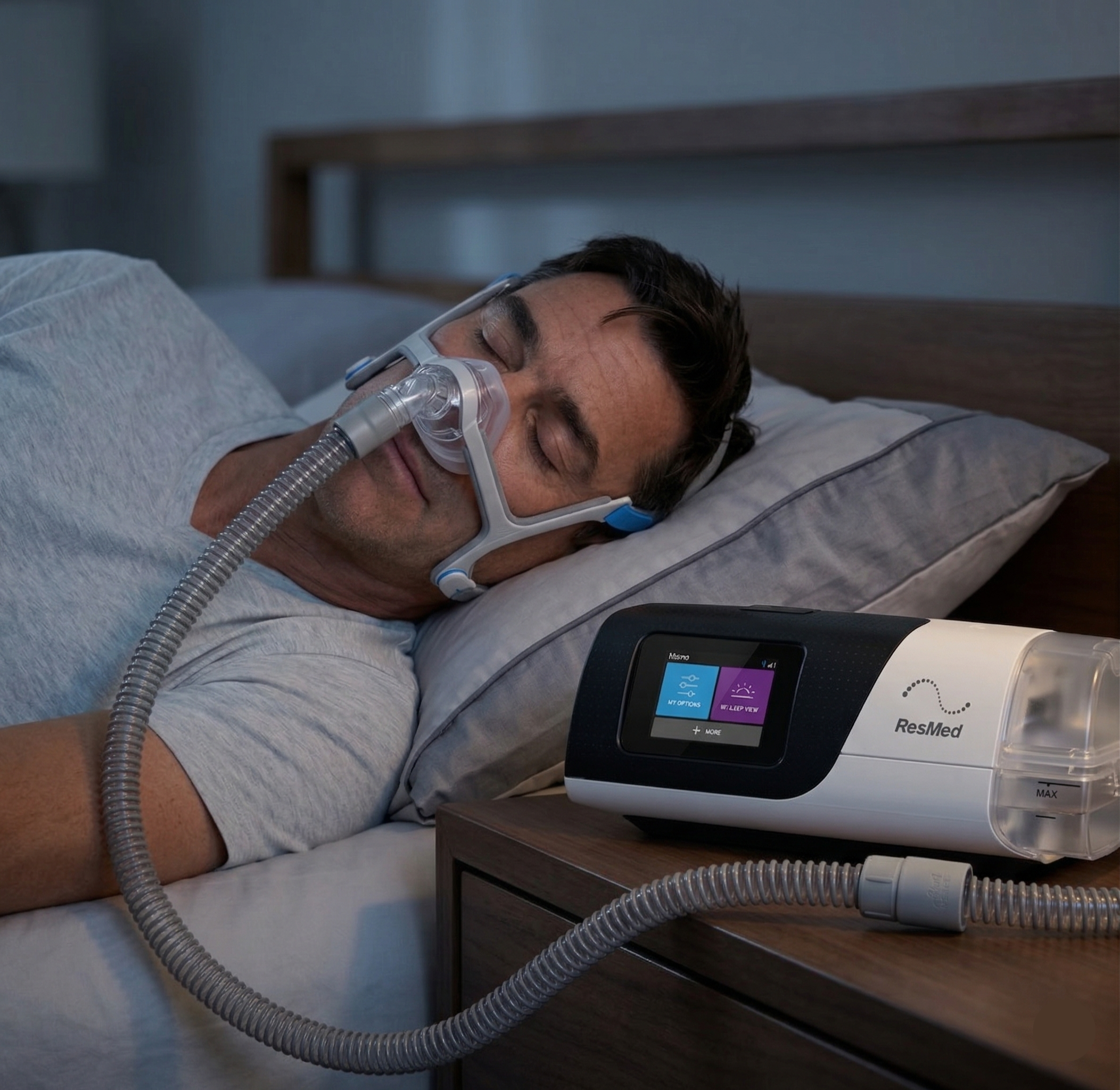 ผู้ใช้งานเครื่อง CPAP ขณะนอนหลับ ช่วยให้หายใจสะดวกขึ้น สำหรับผู้มีภาวะหยุดหายใจขณะหลับในพัทยา / person using CPAP machine during sleep for improved breathing support in Pattaya