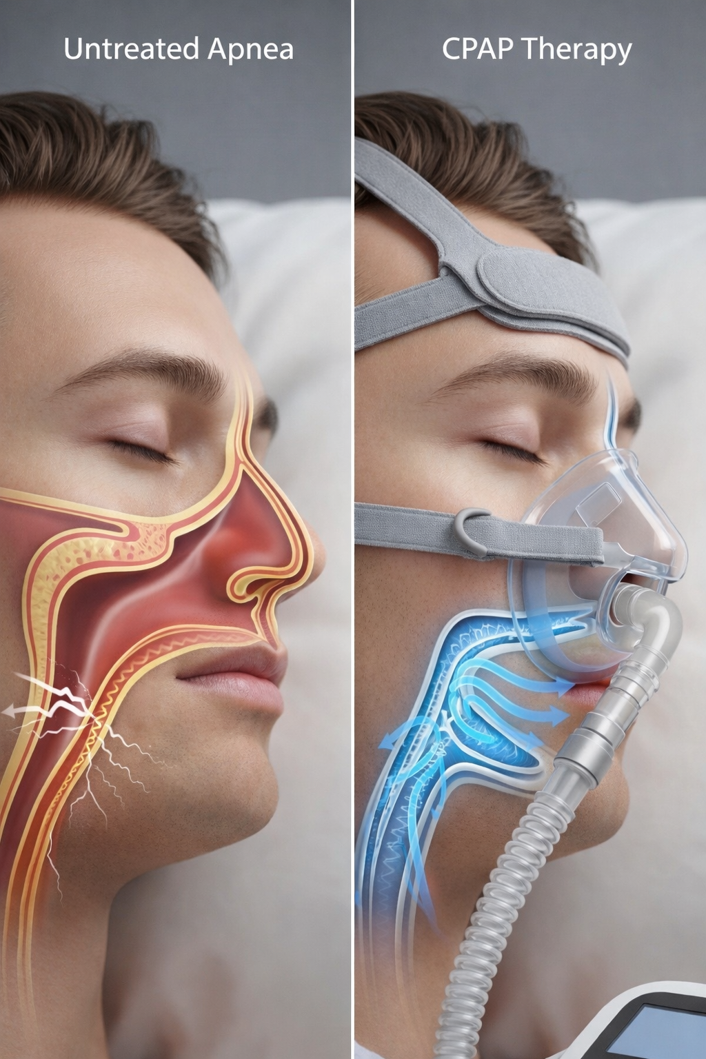 Comparison of untreated sleep apnea vs CPAP therapy showing airway collapse and open airway with CPAP in Pattaya ภาพเปรียบเทียบภาวะหยุดหายใจขณะหลับกับการใช้เครื่อง CPAP แสดงทางเดินหายใจที่ปิดและเปิด