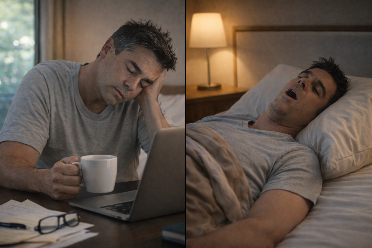 Man experiencing daytime fatigue and snoring at night, possible sleep apnea symptoms in Pattaya ผู้ชายมีอาการง่วงระหว่างวันและกรนตอนกลางคืน อาจเป็นภาวะหยุดหายใจขณะหลับ