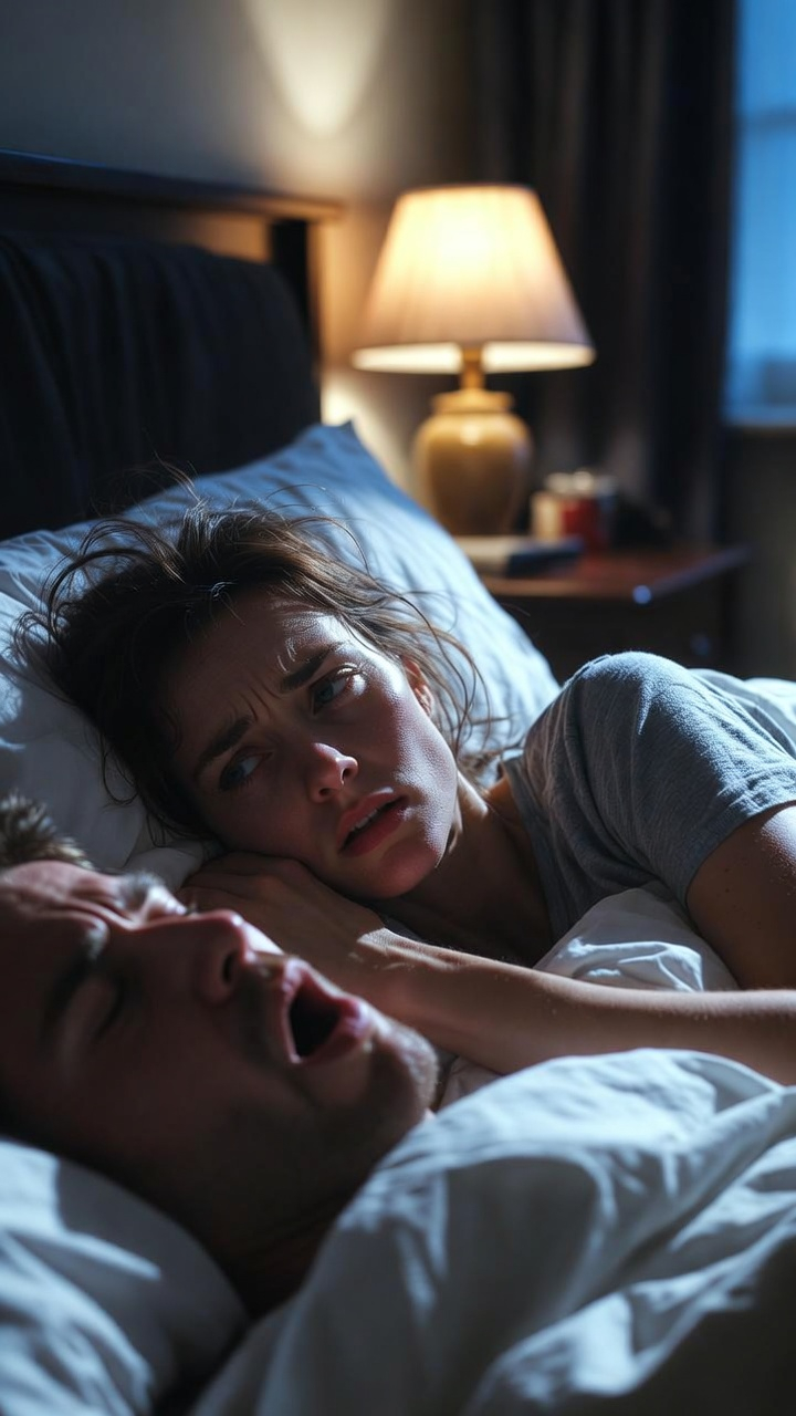 Couple in bed with man snoring loudly causing sleep disturbance, possible sleep apnea คู่รักนอนบนเตียง ผู้ชายกรนเสียงดัง ทำให้คนนอนไม่หลับ อาจเป็นภาวะหยุดหายใจขณะหลับ
