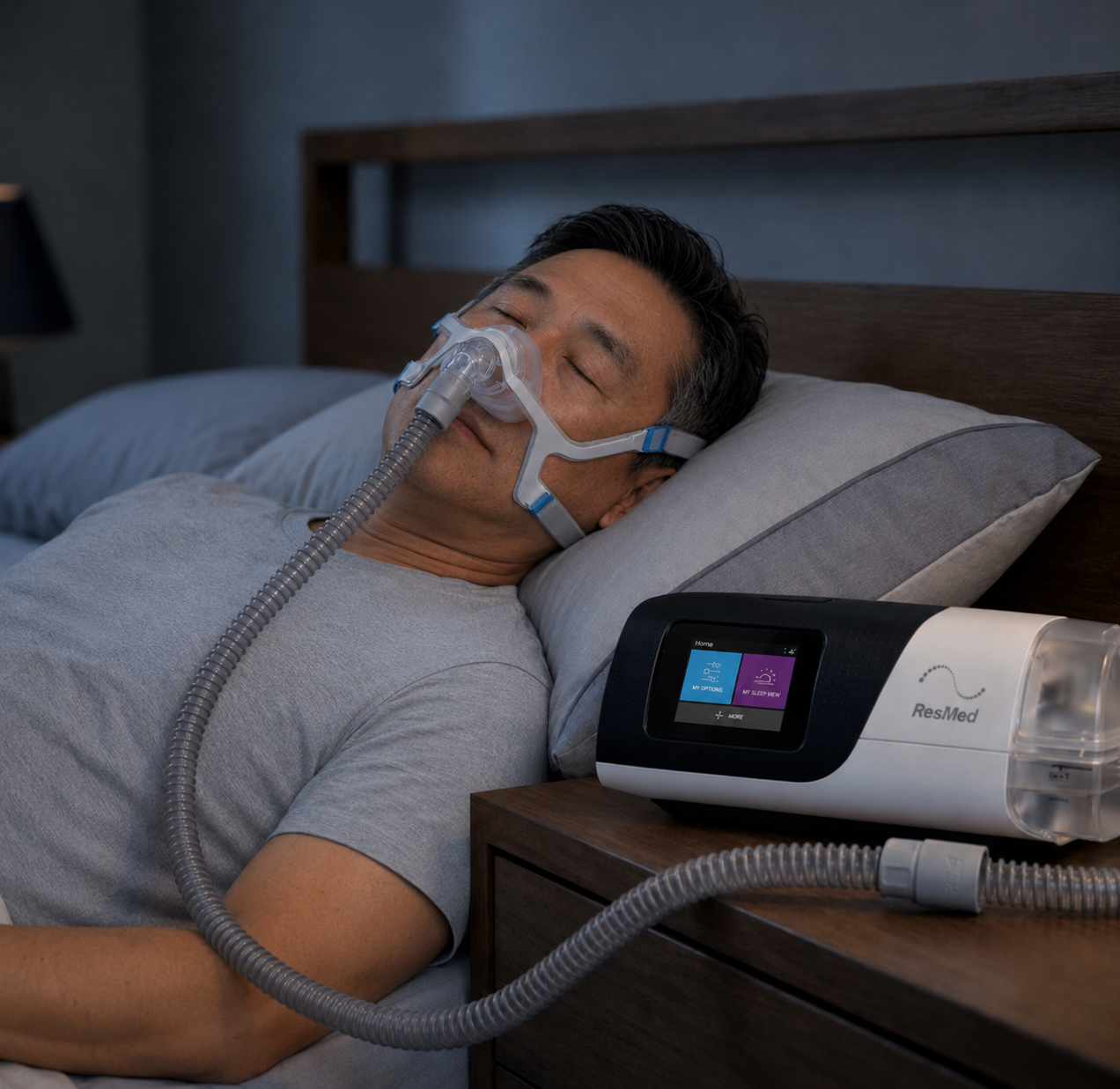 ผู้ชายเอเชียวัยประมาณ 50 ปี นอนหงายบนเตียงอย่างสบายขณะใส่หน้ากาก CPAP โดยมีเครื่อง CPAP วางอยู่บนโต๊ะข้างเตียง