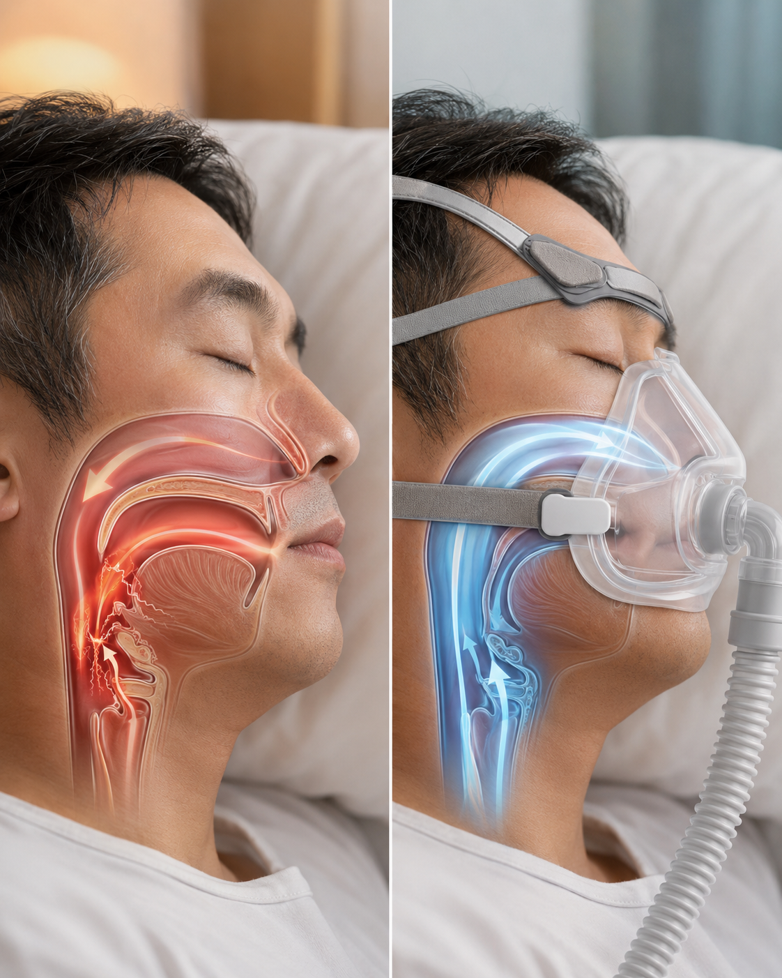 ภาพเปรียบเทียบทางเดินหายใจก่อนและหลังใช้ CPAP ในผู้ชายเอเชีย แสดงให้เห็นว่า CPAP ช่วยเปิดทางเดินหายใจขณะนอนหลับ